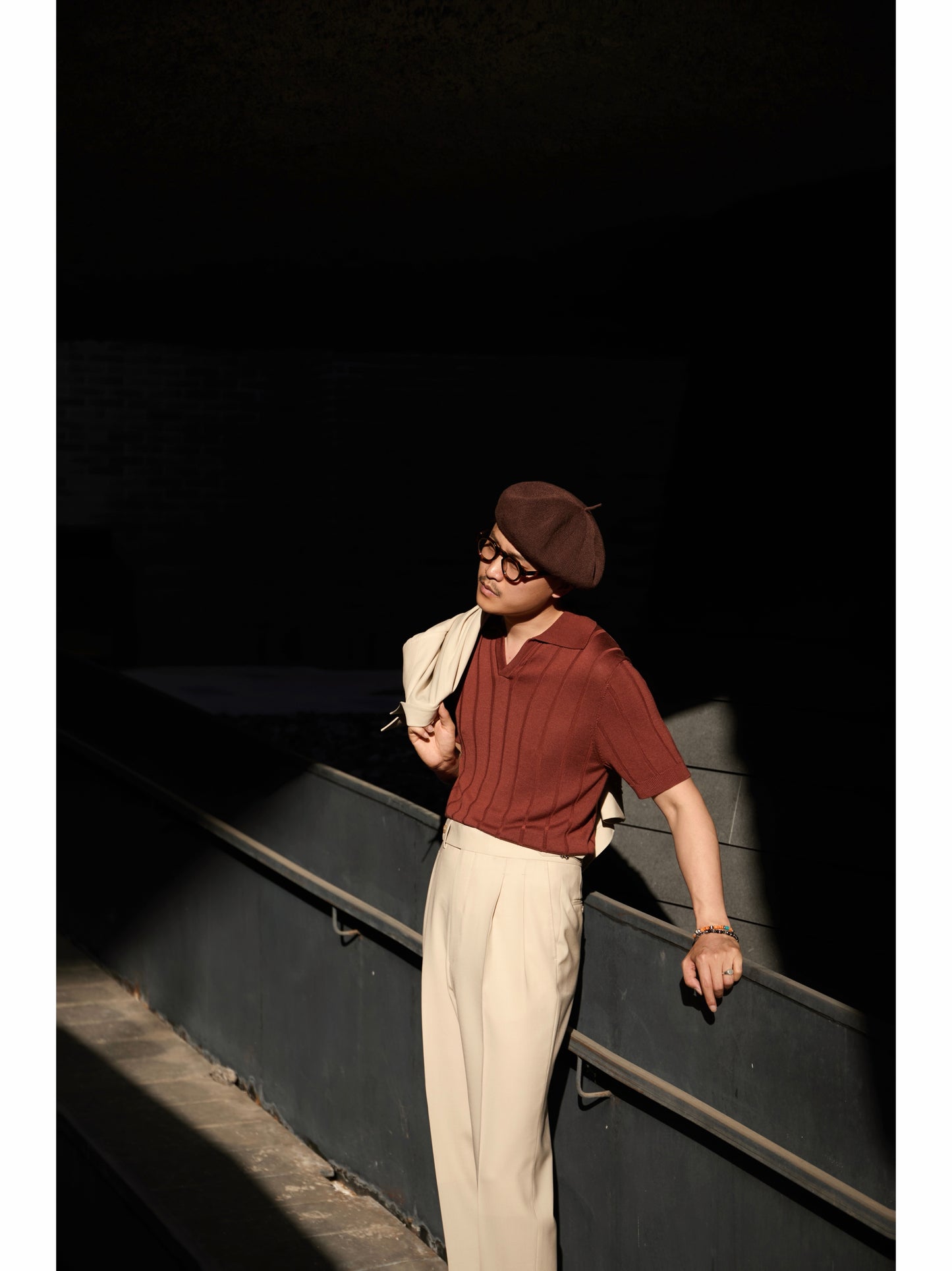 「Tramonto Caramello」Mulberry silk-cashmere blend Unisex Knit Short-Sleeve Polo Shirt