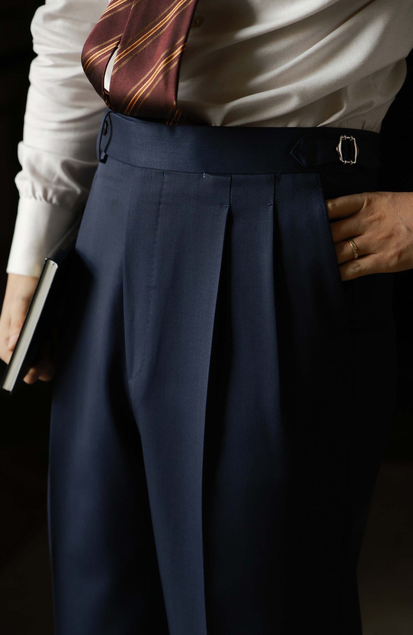 Superfine Twill Wool High-Waisted Suit Trousers with Parisian Side Adjusters — Prussian Blue