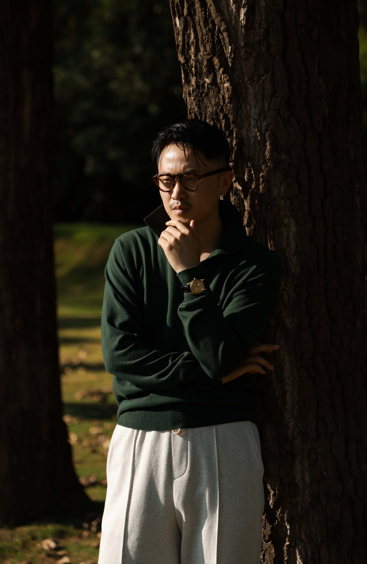 Cashmere Cotton One-Piece Polo Sweater — Jungle Green