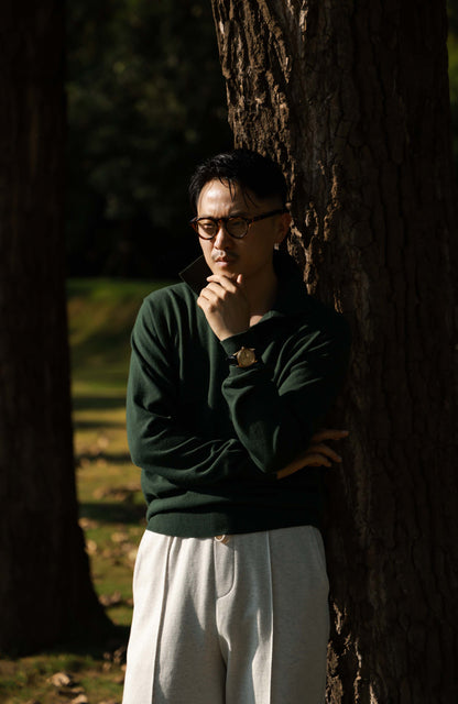 Cashmere Cotton One-Piece Polo Sweater — Jungle Green