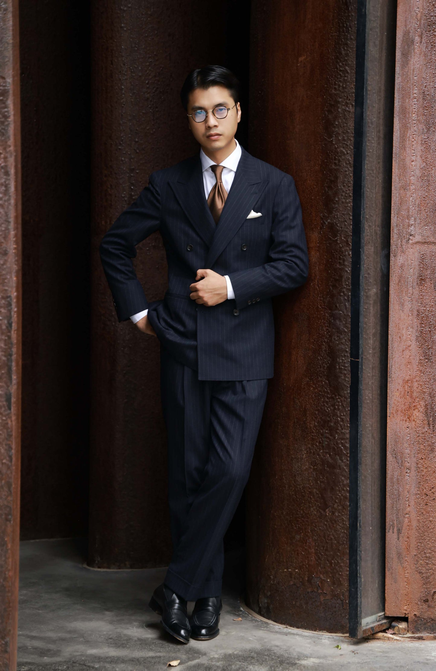 Half-Canvas Double-Breasted Flannel Suit Jacket — Navy Chalk Stripe