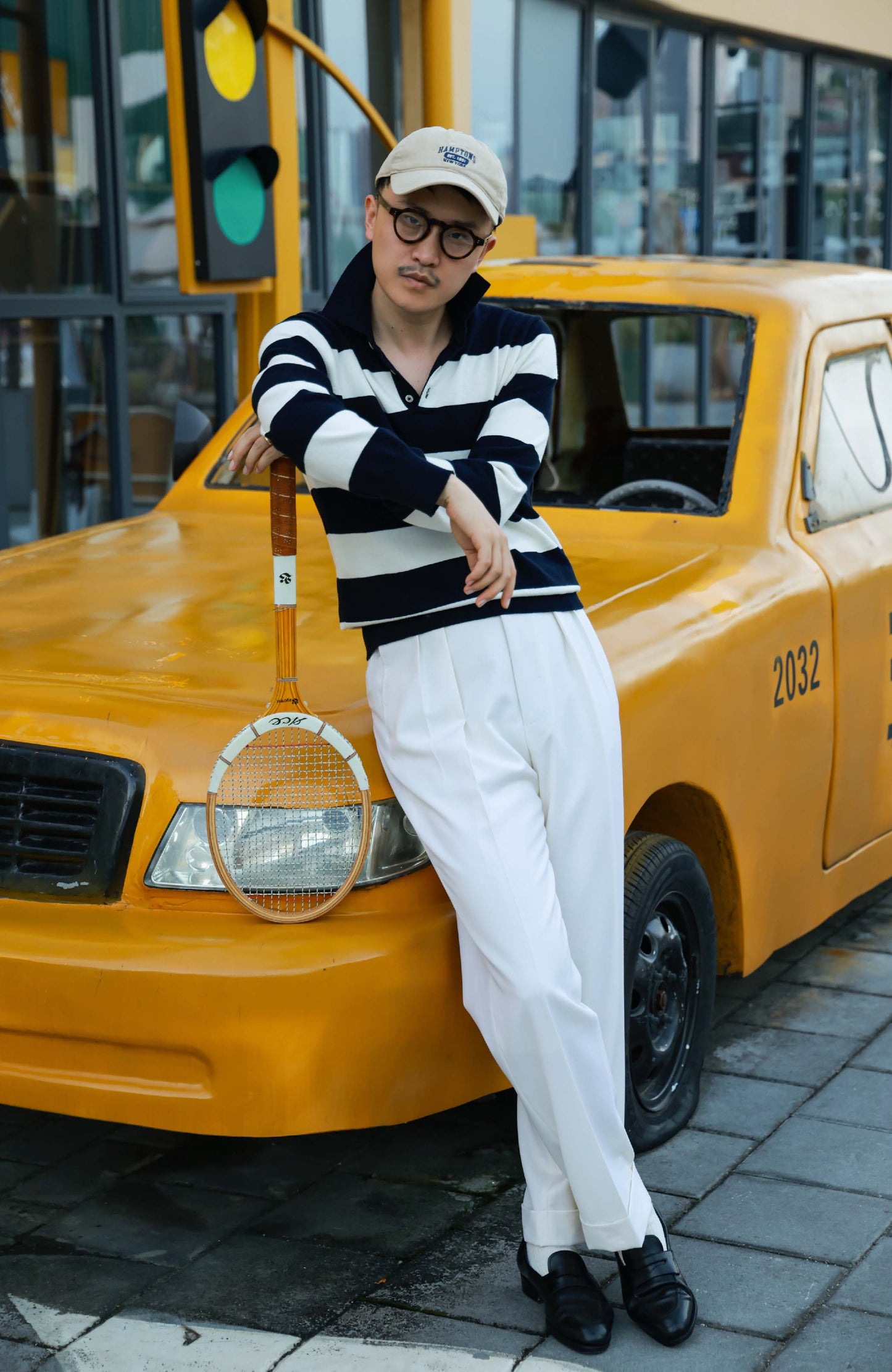 Cashmere Cotton Polo Sweater — Navy & White Bold Stripe