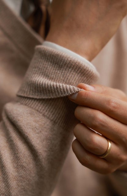 High-Waisted Wool-Cashmere V-Neck Sweater — Oatlight Beige