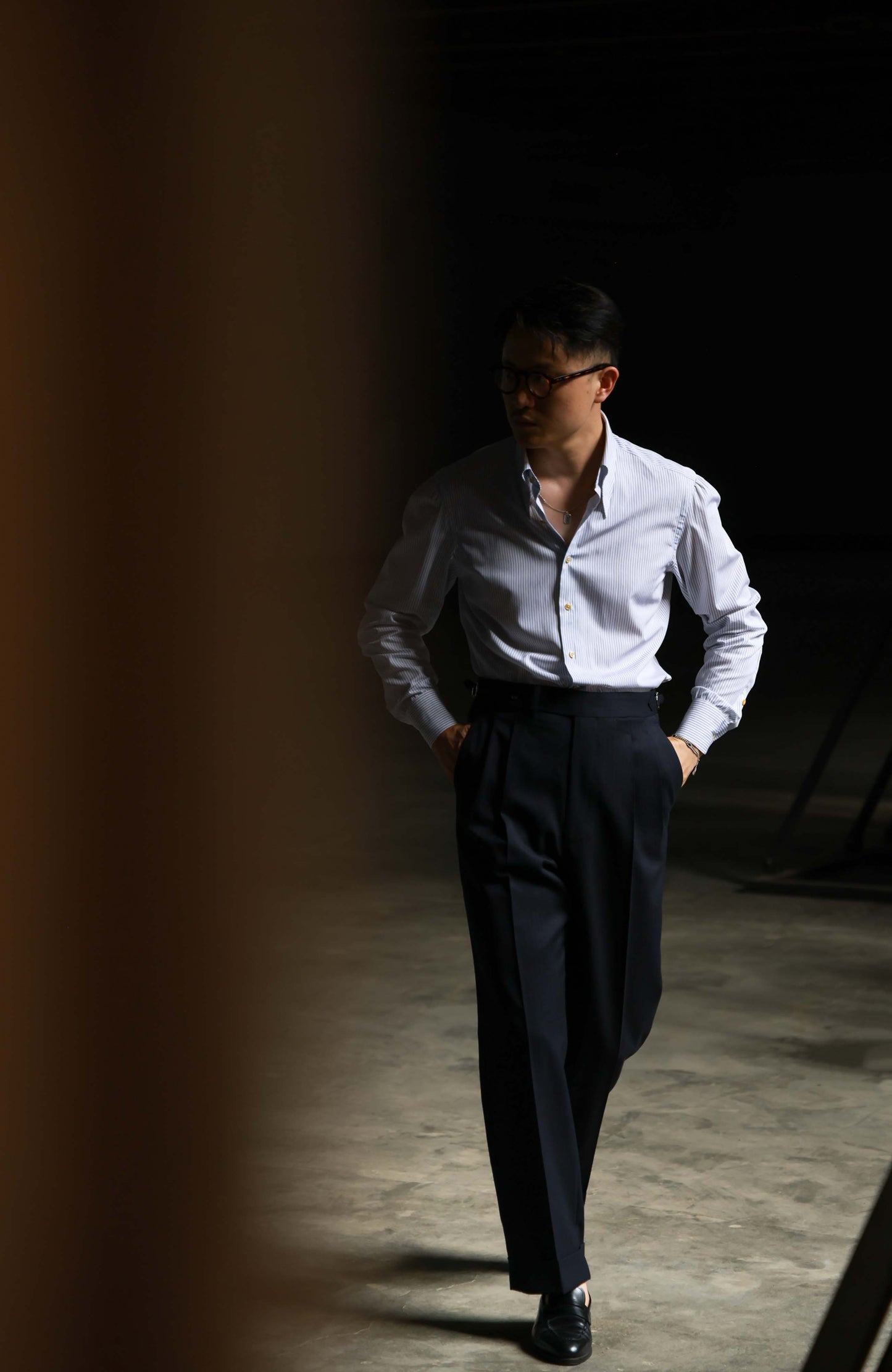 CANCLINI Cotton Handcrafted Long Point Collar Shirt — Dusty Blue Stripe