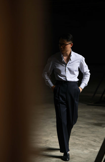CANCLINI Cotton Handcrafted Long Point Collar Shirt — Dusty Blue Stripe