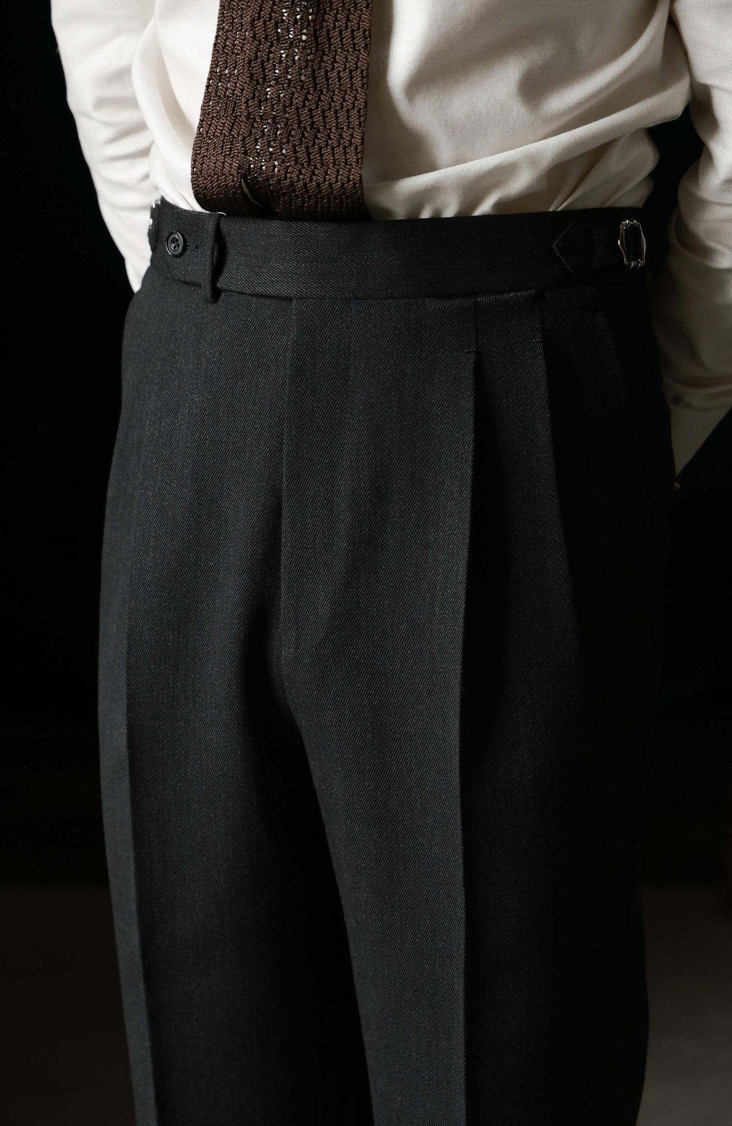Heavyweight Cavalry Twill Wool High-Waisted Suit Trousers with Parisian Side Adjusters — Graphite Grey