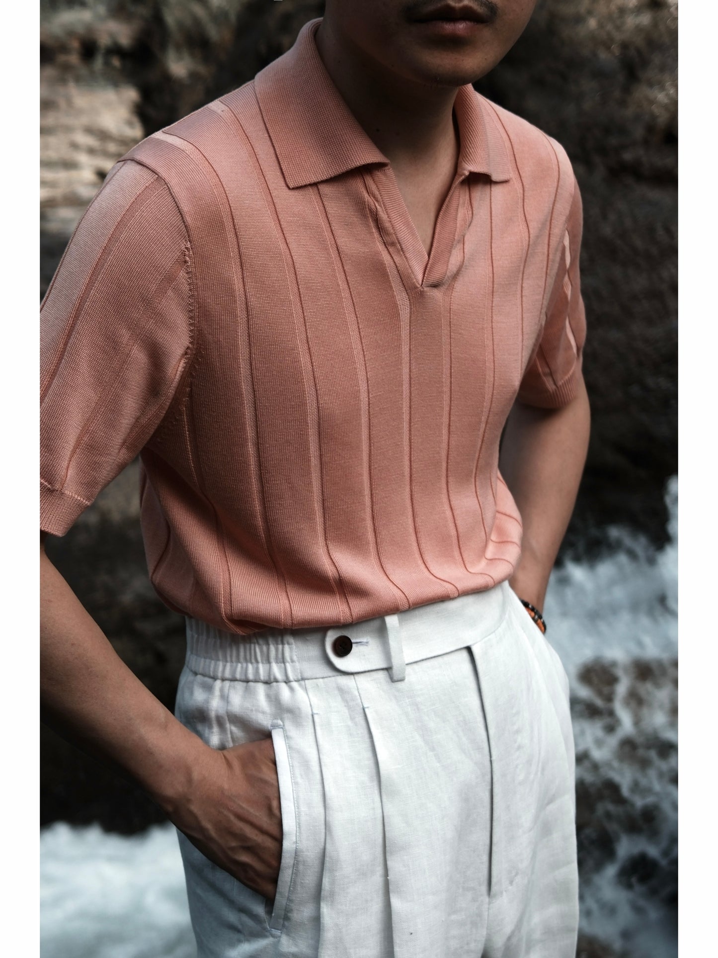 「Cold Sea Coral」Mulberry silk-cashmere blend Unisex Knit Short-Sleeve Polo Shirt