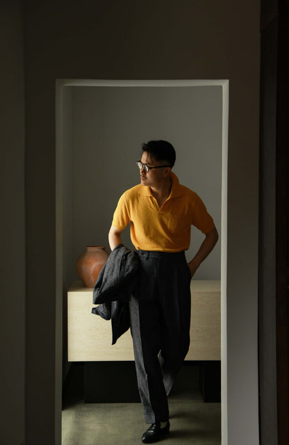 Combed Cotton Terry-Textured Knit Short-Sleeve V-Neck Polo — Gardenia Yellow