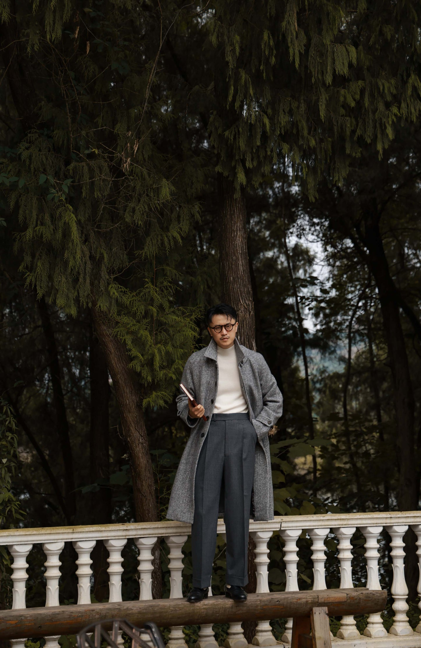 Textured Herringbone Balmacaan Overcoat — Stone Trace Grey