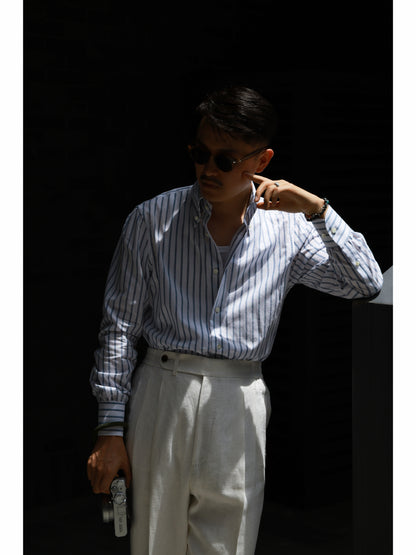 Button down Collar Linen-Cotton — Light Grey Stripe