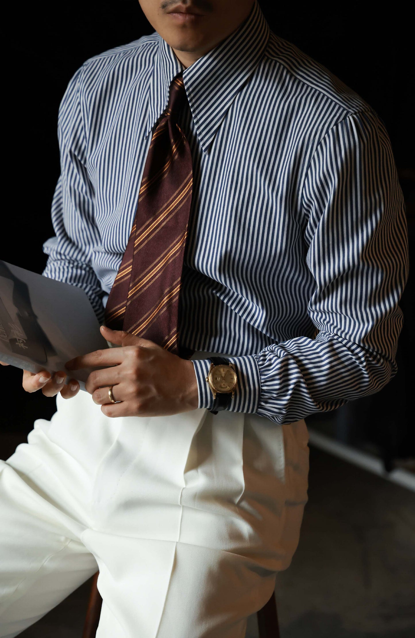 Brushed Cotton Wide-Spread Collar Shirt — Mist Blue Stripe