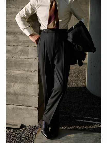 「Ink Herringbone」Suit Trousers with Italian-style Pure-wool Parisian Side Adjusters