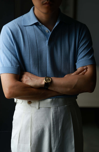 Lyocell-Cotton Linen Blend Ribbed Knit Polo Shirt — Bay Blue