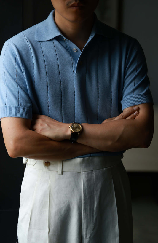 Lyocell-Cotton Linen Blend Ribbed Knit Polo Shirt — Bay Blue