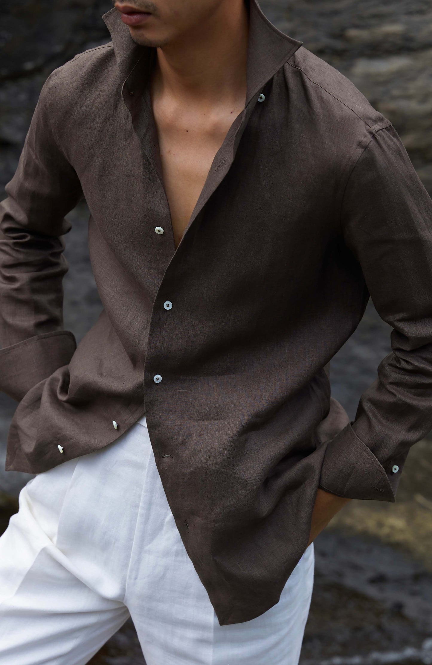 Linen Wide-Spread Collar Shirt — Driftwood Brown