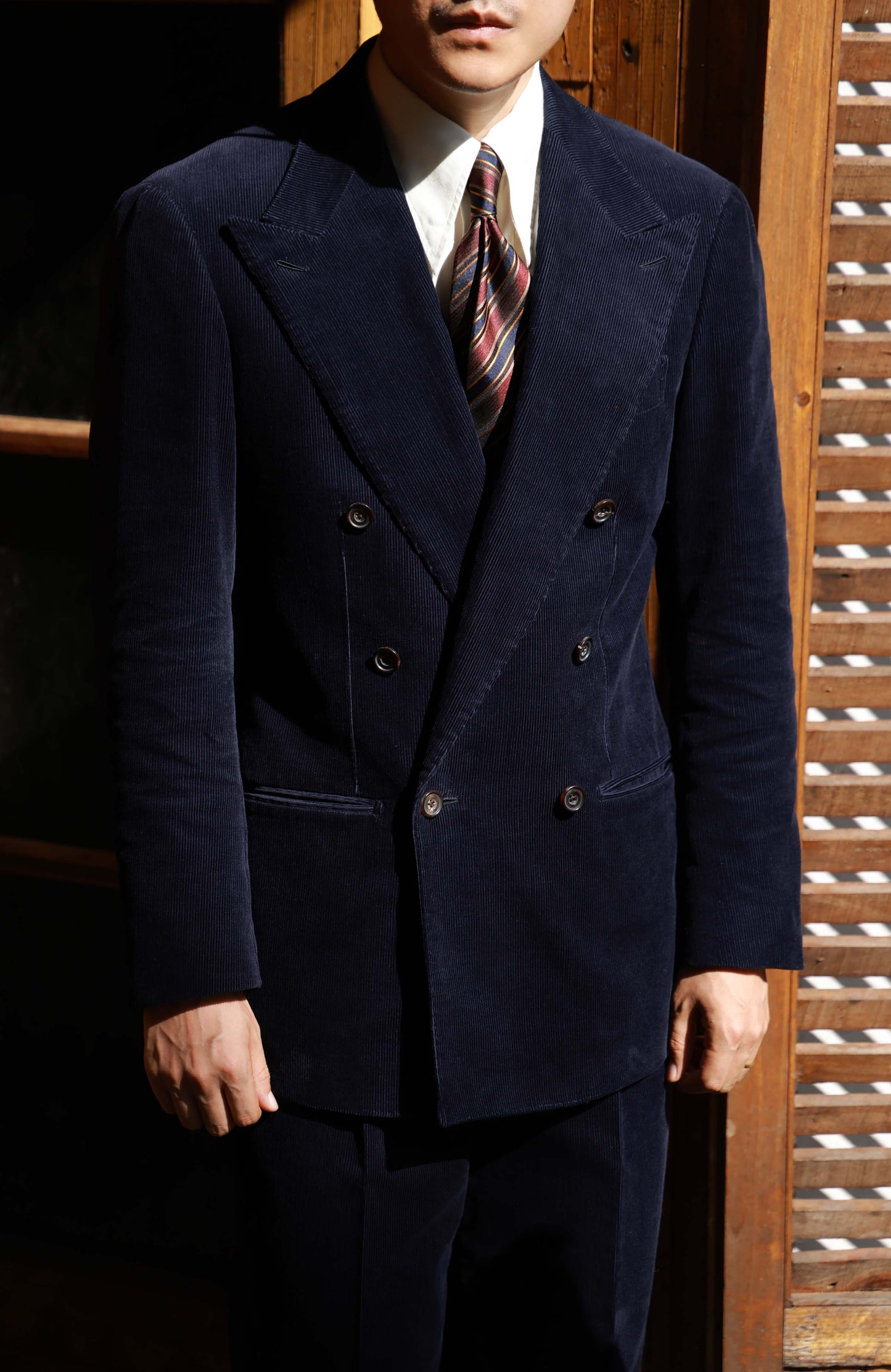 Half-Canvas Double-Breasted Japanese Corduroy Suit Jacket — Midnight Sheen Navy
