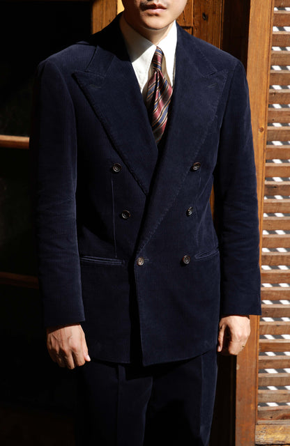 Half-Canvas Double-Breasted Japanese Corduroy Suit Jacket — Midnight Sheen Navy