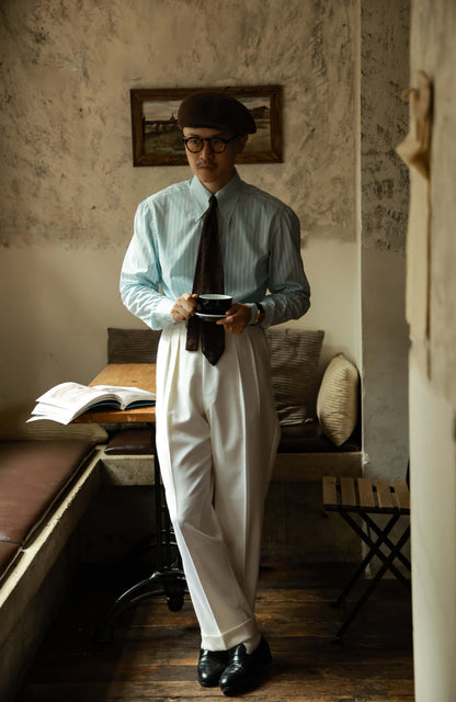 Tollegno 1900 High-Waisted Suit Trousers with Parisian Side Adjusters — Mousse White