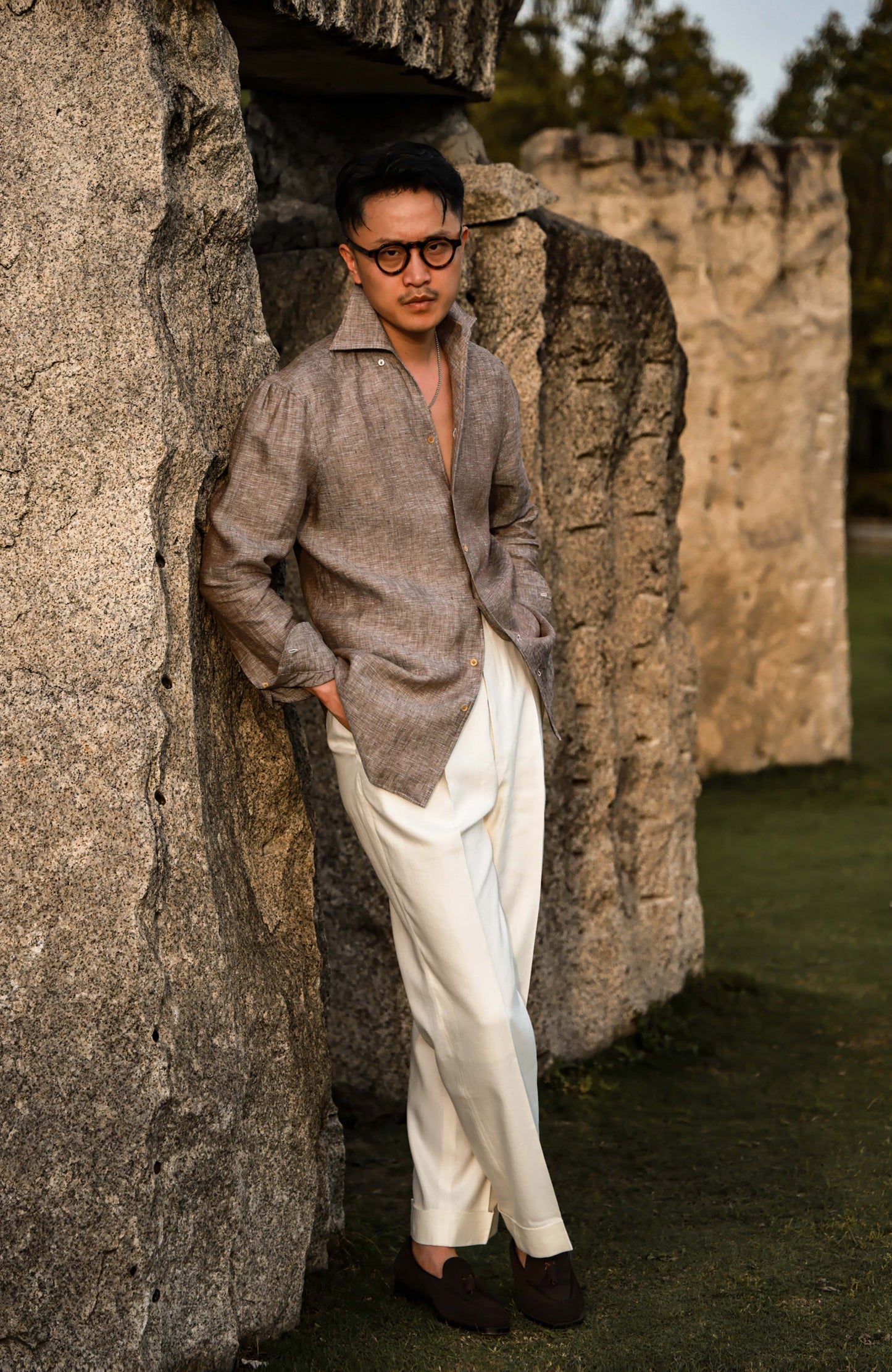 Linen One-Piece Collar Shirt — Rock Tea Brown