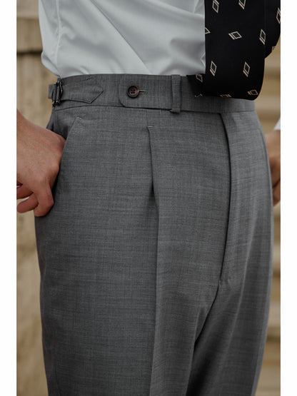 「London Grey」Suit Trousers with Merino Wool Parisian Side Adjusters and High-Waisted Single-Pleated