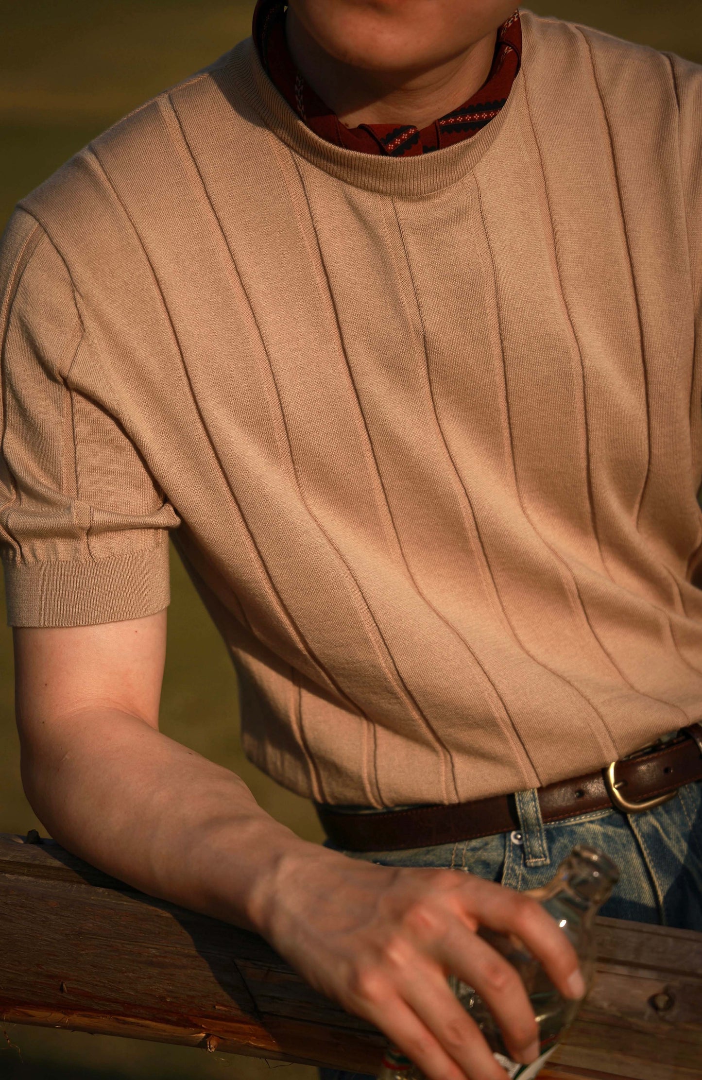 Cotton-Lyocell Blend Ribbed Unisex Knit Short-Sleeve T-Shirt — Oat Latte