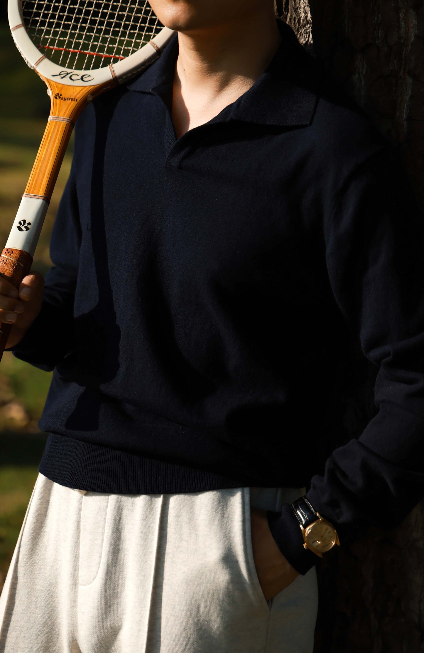 Cashmere Cotton One-Piece Polo Sweater — Midnight Blue