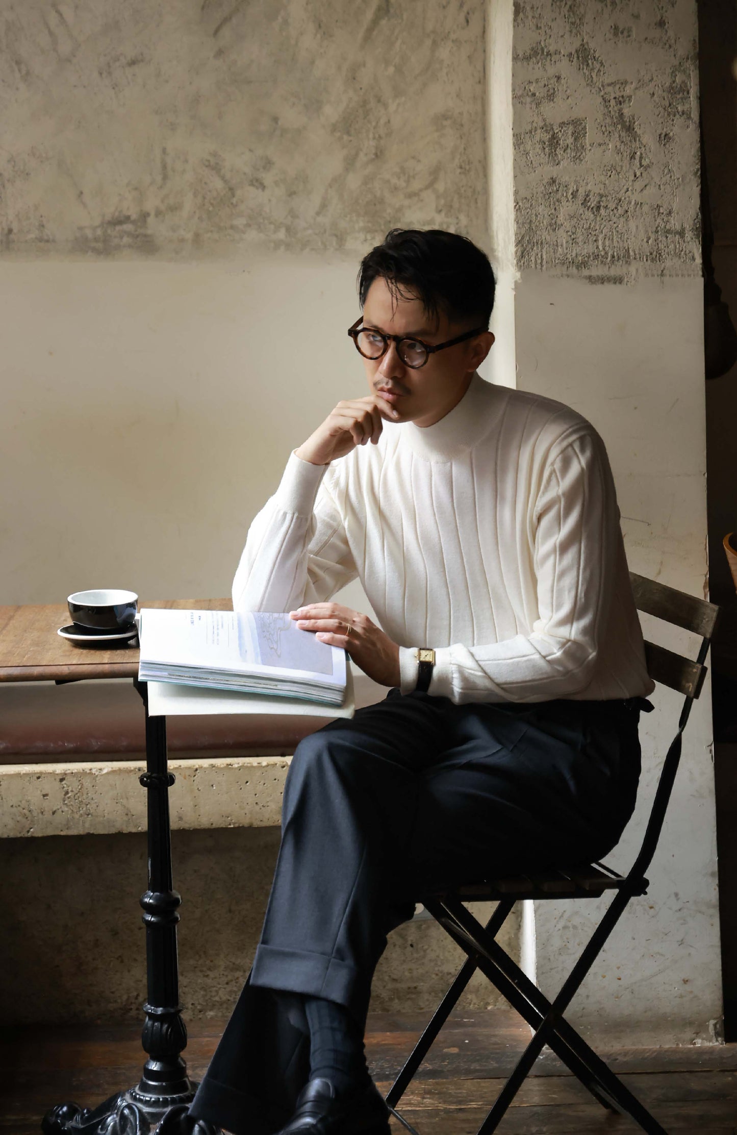 100% Merino Wool Ribbed Mock Neck Sweater — Frosted White