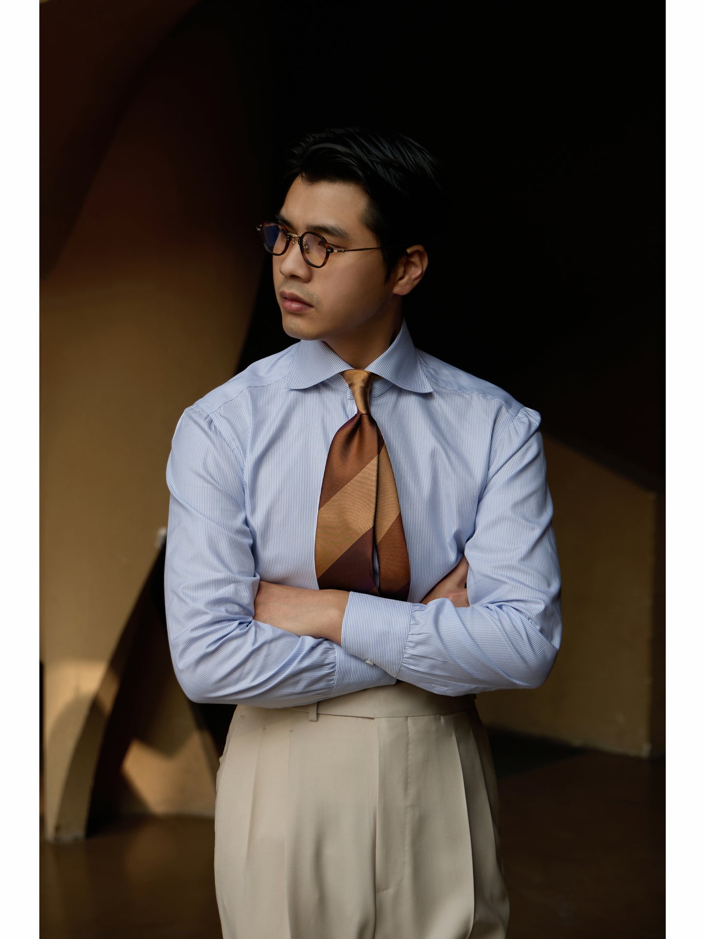 Handcrafted Spread Collar Shirt in Mulberry Silk — Moonlit Blue Stripe