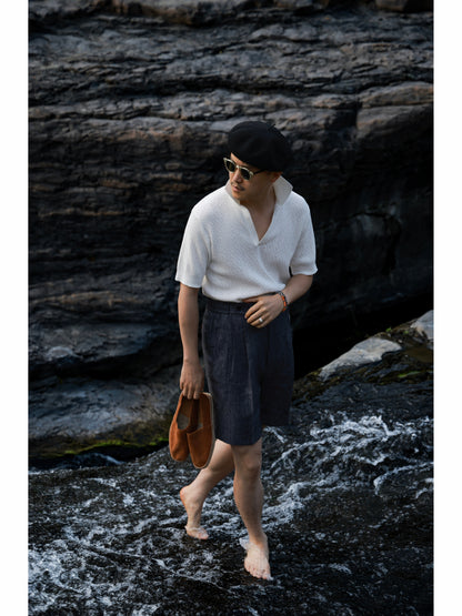 Crochet Open Collar Cotton Knitted Polo Off White