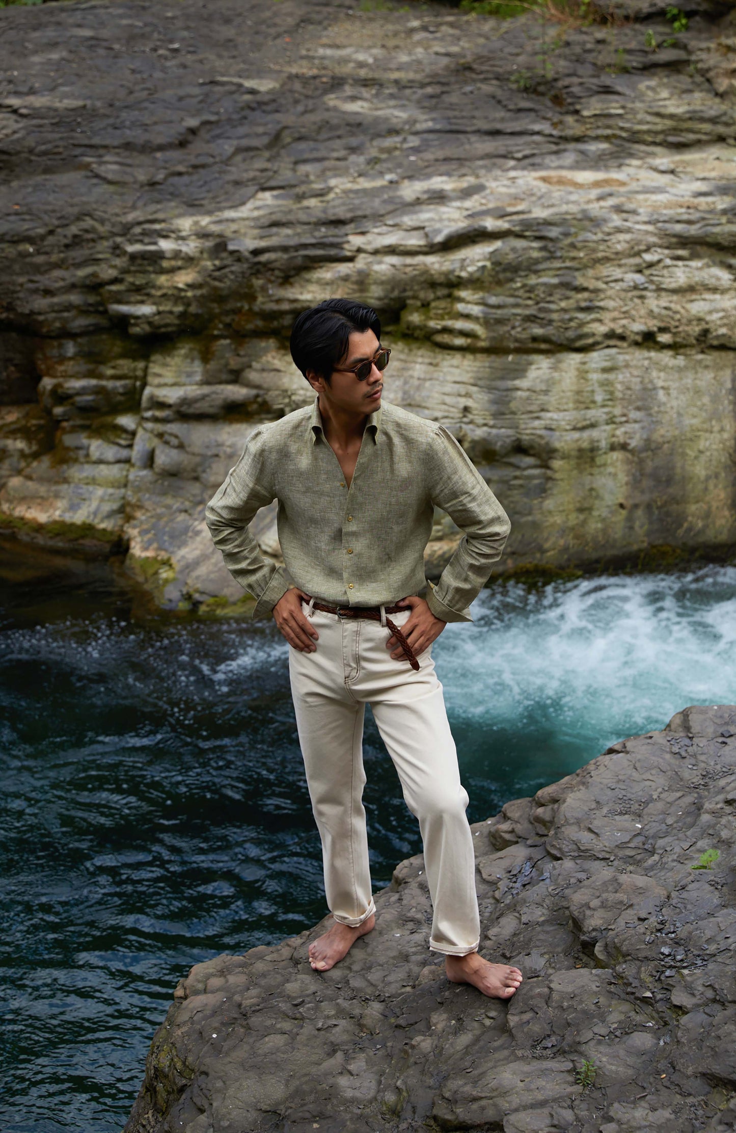 Linen One-Piece Collar Shirt — Moss Green