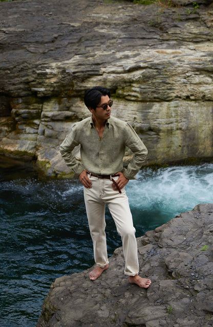 Linen One-Piece Collar Shirt — Moss Green