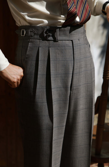 High-Waisted Suit Trousers with Parisian Side Adjusters — Grey Prince of Wales Check