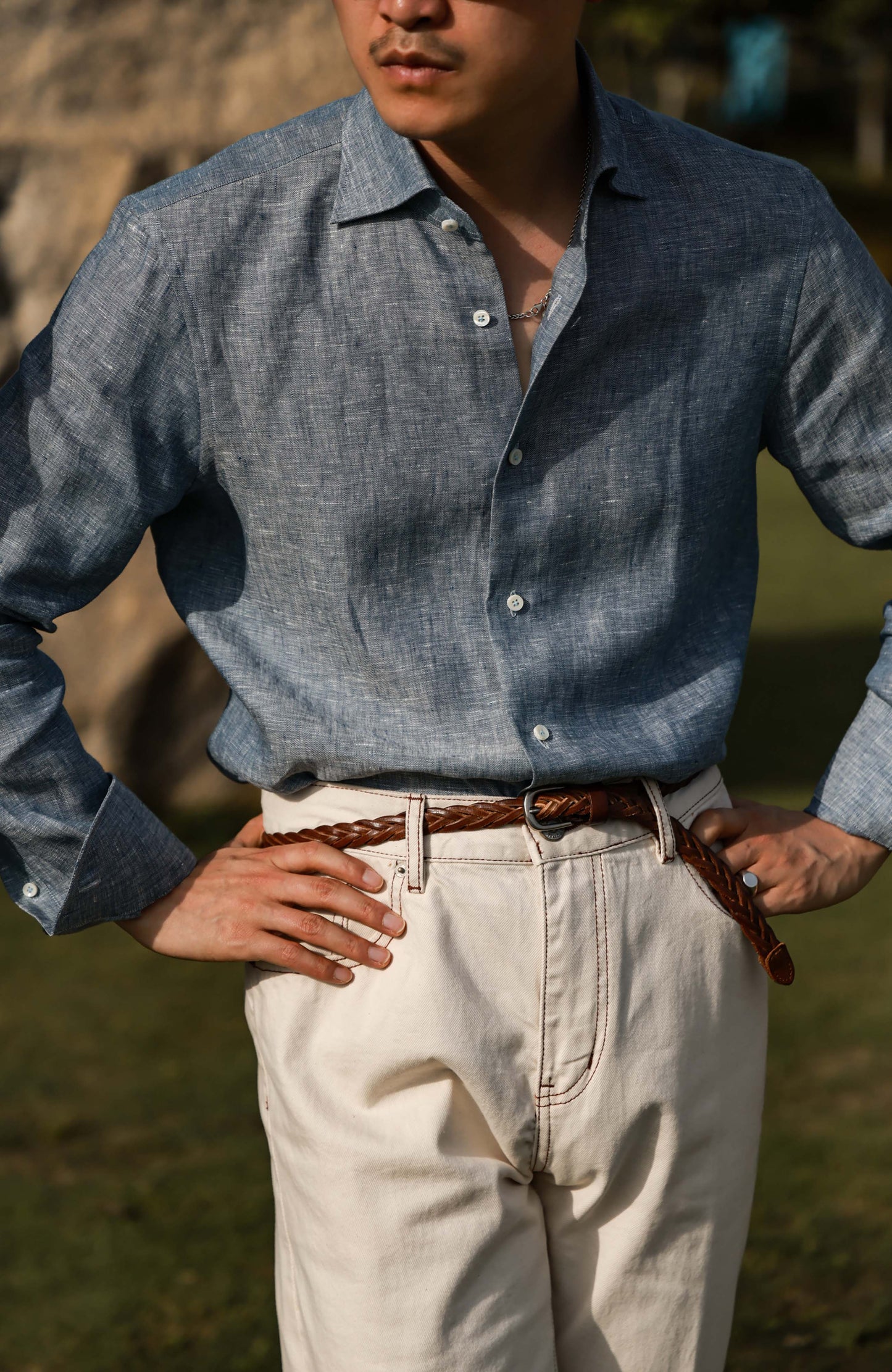 Linen Wide-Spread Collar Shirt — Mist Blue