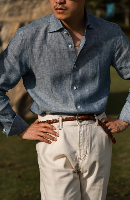 Linen Wide-Spread Collar Shirt — Mist Blue