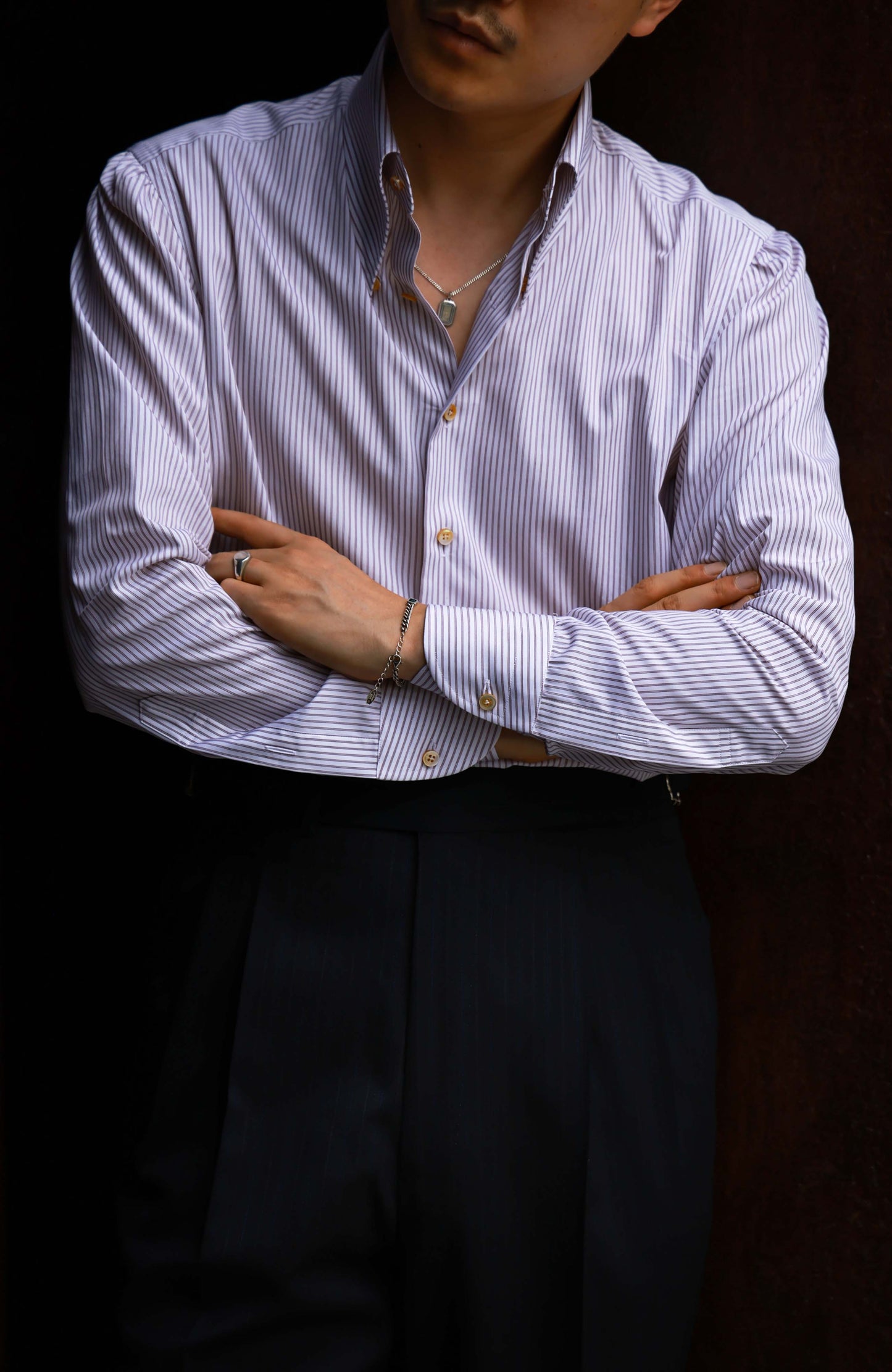 CANCLINI Cotton Handcrafted Long Point Collar Shirt — Terracotta Brown Stripe