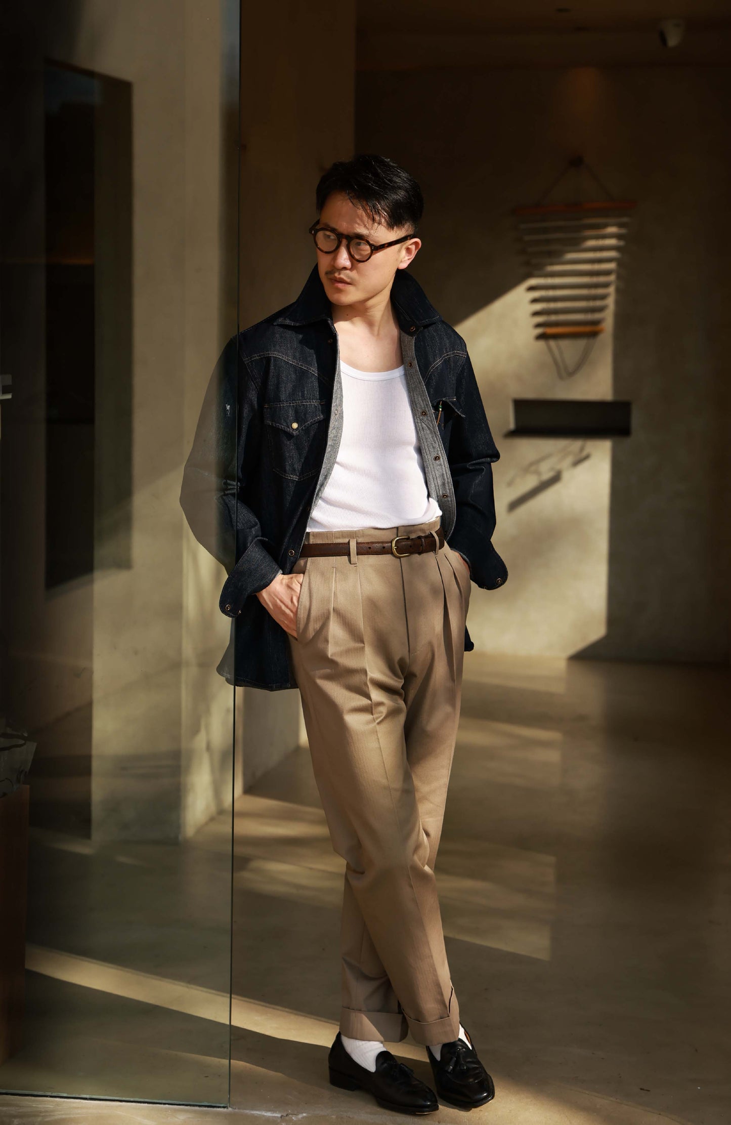Hemp-Cotton Denim Wide Wide-Spread Collar Shirt — Vintage Indigo