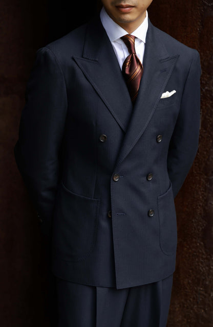 Half-Canvas Double-Breasted Suit Jacket — Navy Herringbone