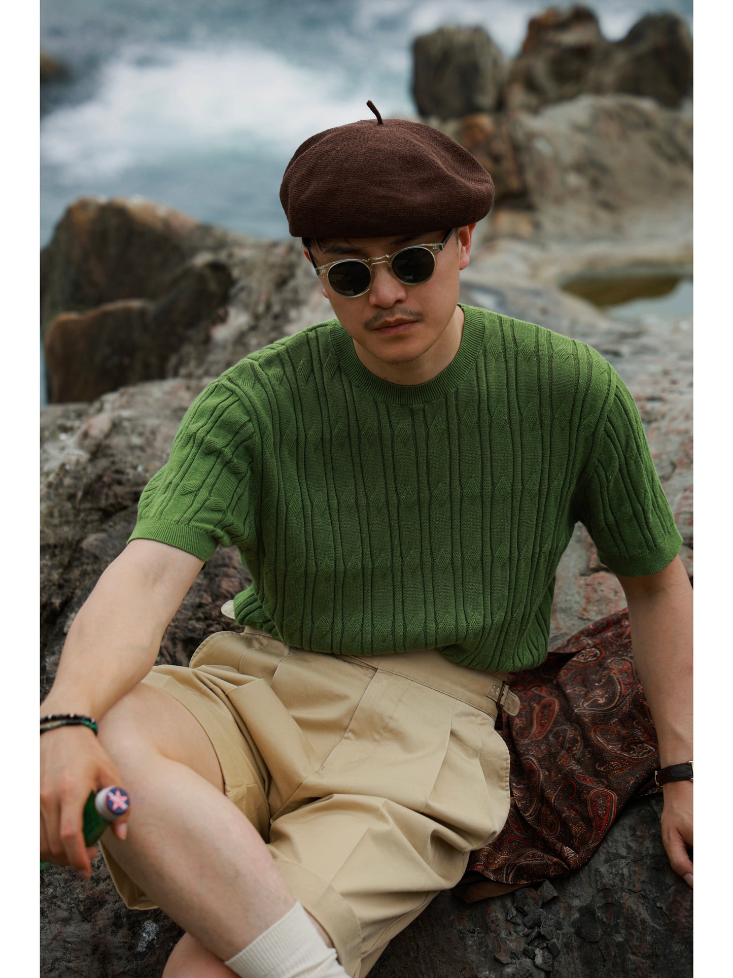 「Bamboo Emerald」cable stitch linen Unisex Dropped-shoulder sleeve Knit Short-Sleeve T-Shirt