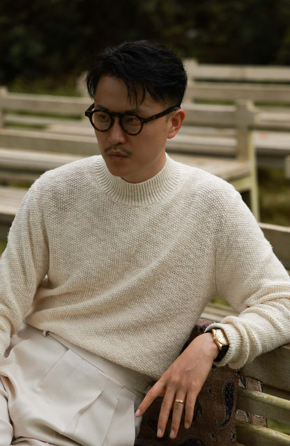 Textured Cotton Mock-Neck Knit Sweater — Heritage Ivory