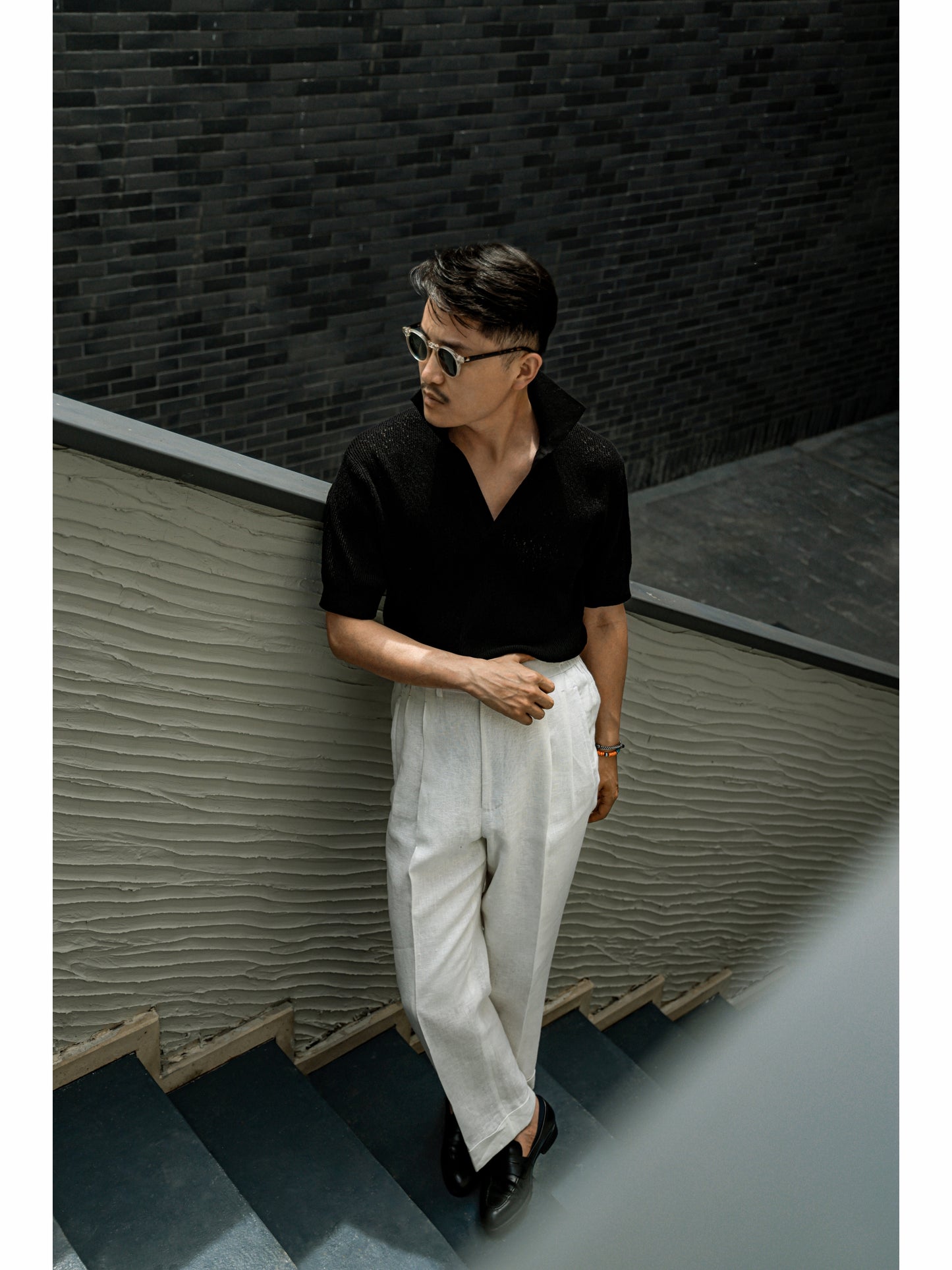 Crochet Open Collar Cotton Knitted Polo Black