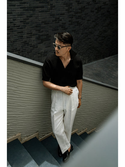 Crochet Open Collar Cotton Knitted Polo Black