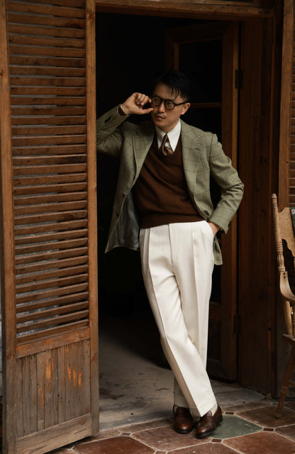 High-Waisted Cavalry-Wool Suit Trousers with Parisian Side Adjusters — Heritage White