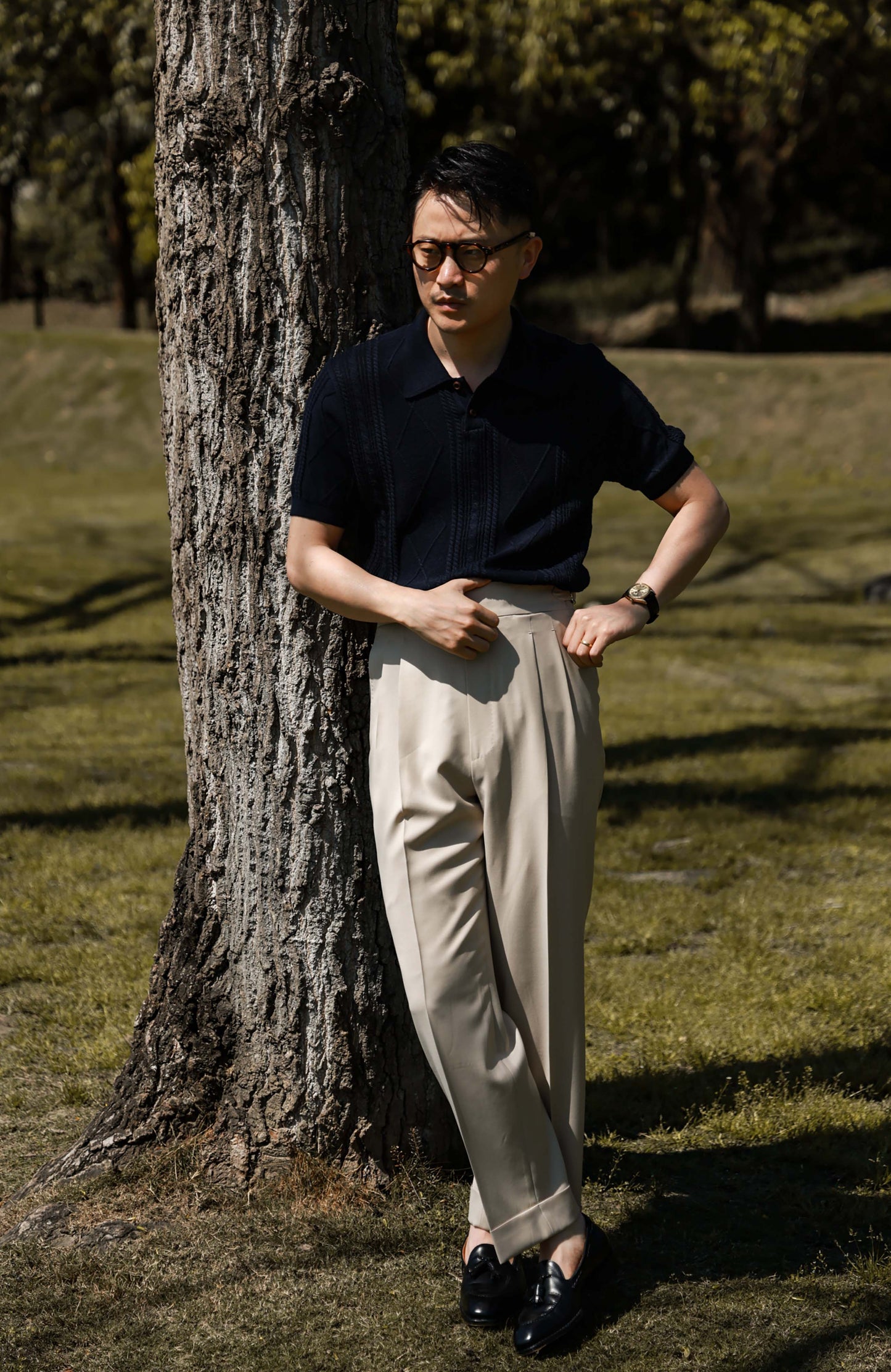 Linen Vintage Braided Unisex Knit Polo — Midnight Weave