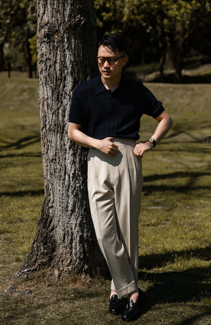 Linen Vintage Braided Unisex Knit Polo — Midnight Weave