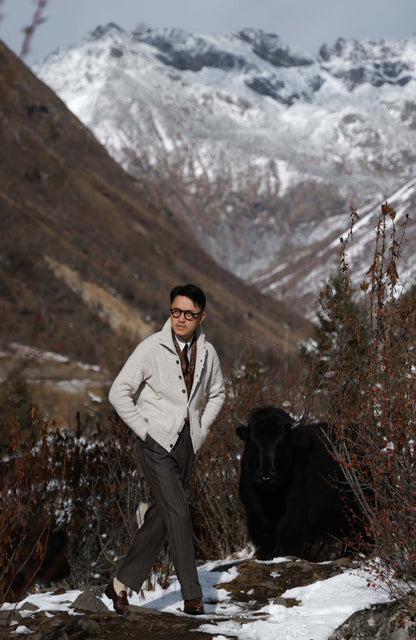 Aran-Cable Wool Cardigan High-Neck Sweater — Speckled Ivory