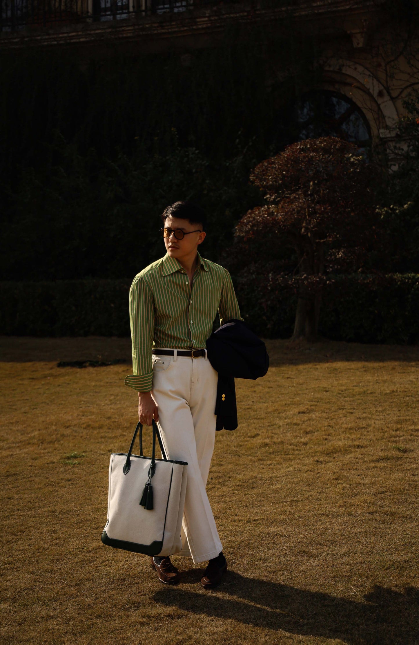 Handcrafted Spread Collar Shirt — Plum Green & Orange Stripes