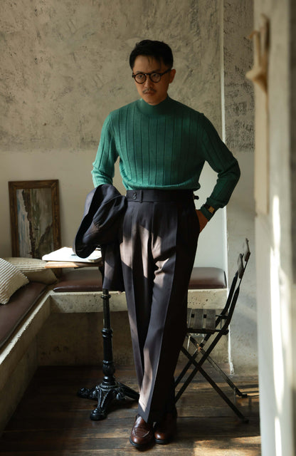 100% Merino Wool Ribbed Mock Neck Sweater — Moss Green