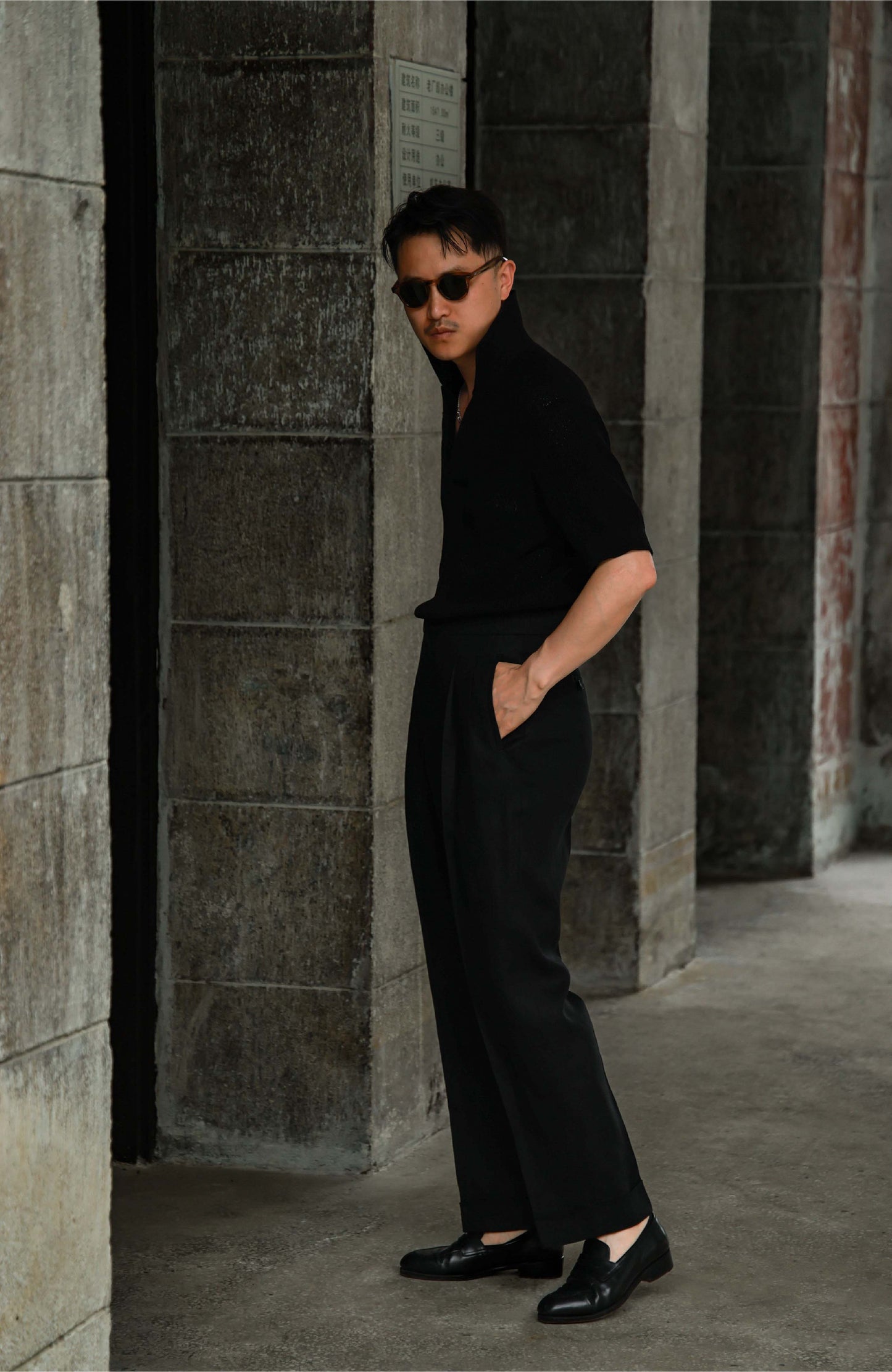 Hemp Hidden-Drawstring Trousers — Shadowed Basalt Black