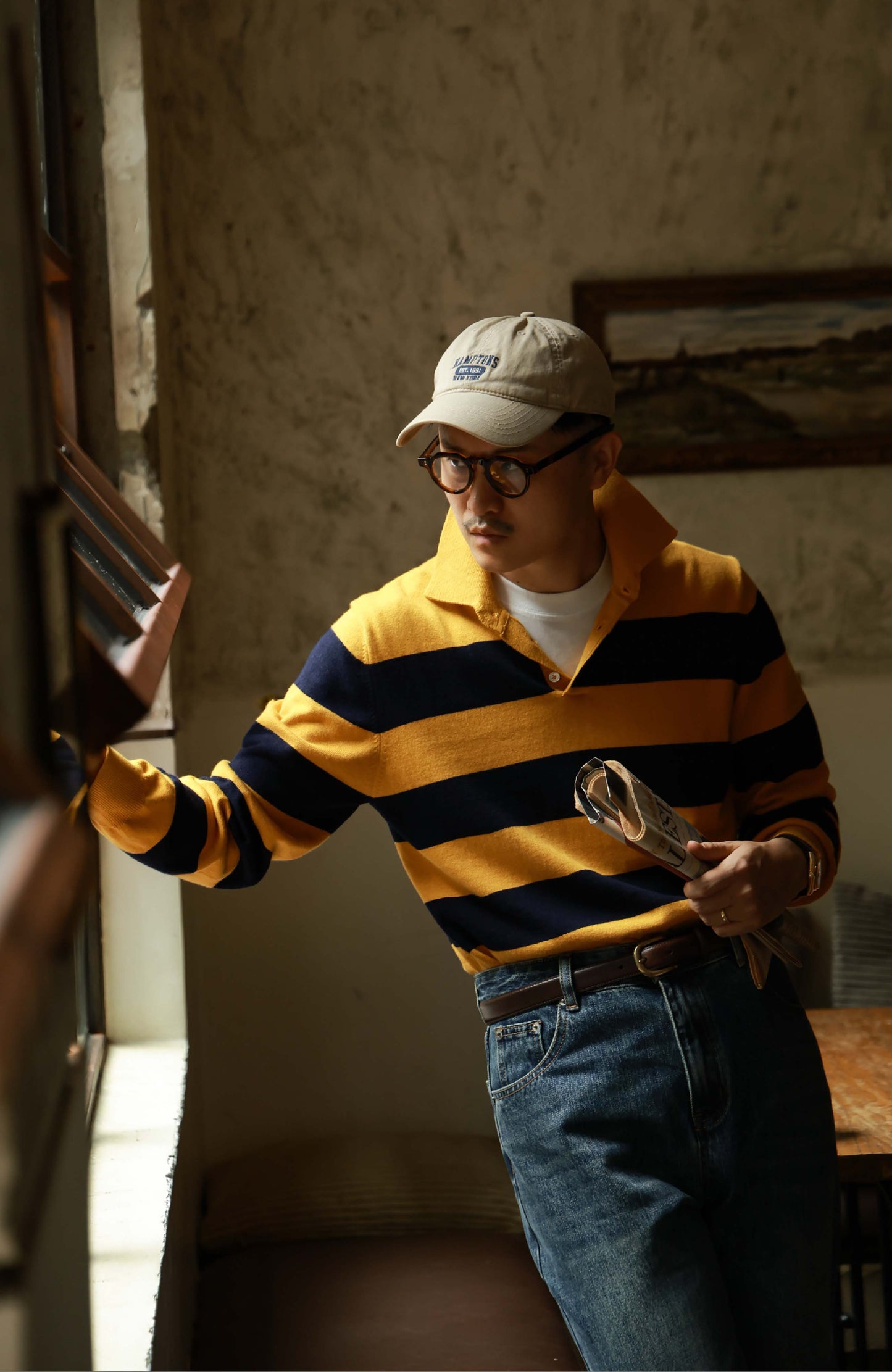 Cashmere Cotton Polo Sweater — Navy & Yellow Bold Stripe