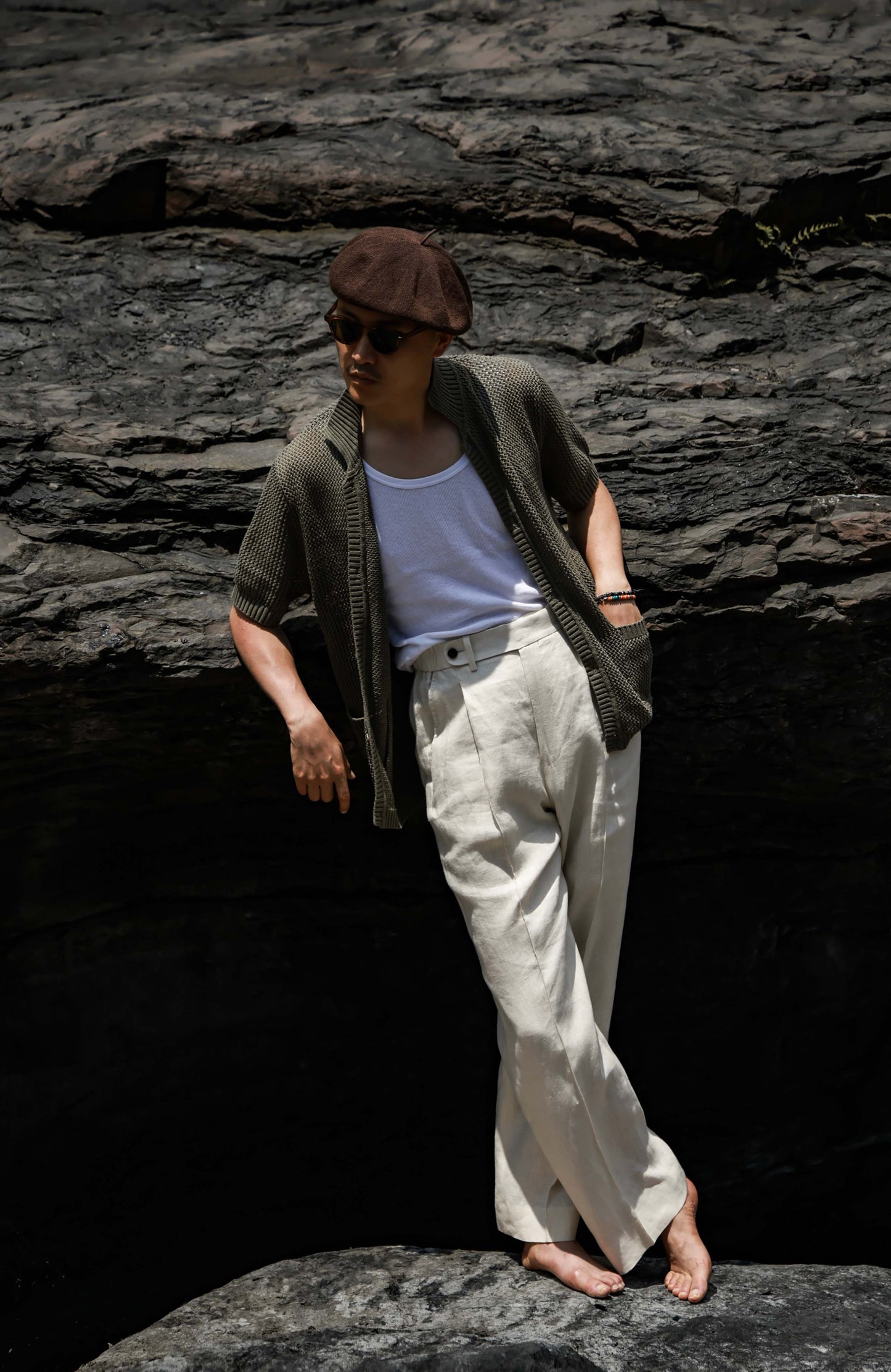 Openwork Hard-Twist Cotton Short-Sleeve Cardigan — Mossy Shadow